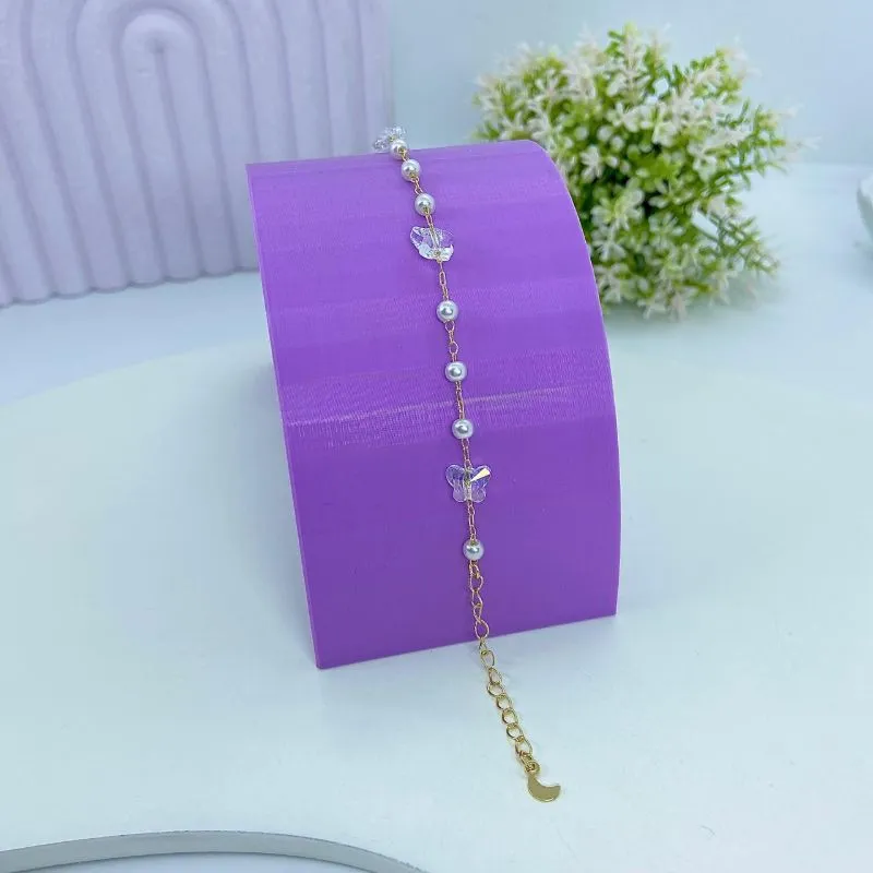 PULSEIRA BORBOLETAS CRISTAIS E PÉROLAS PO2603